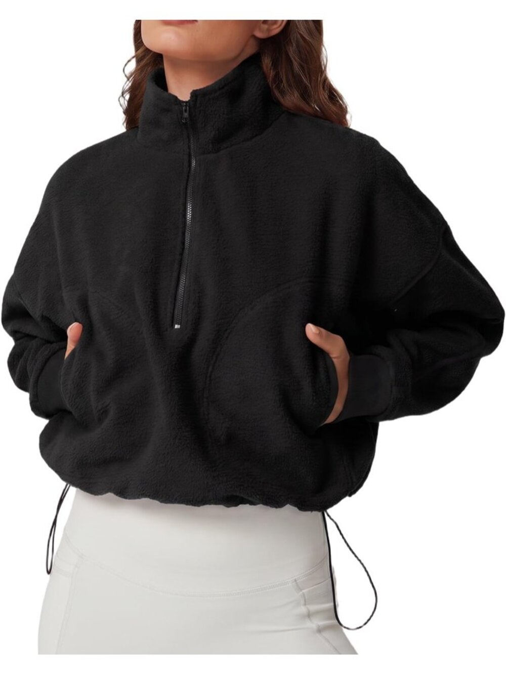 Women’s Black Long Sleeve Half ZIP Pullover Cropped Sweatshirt Fleece Jacket